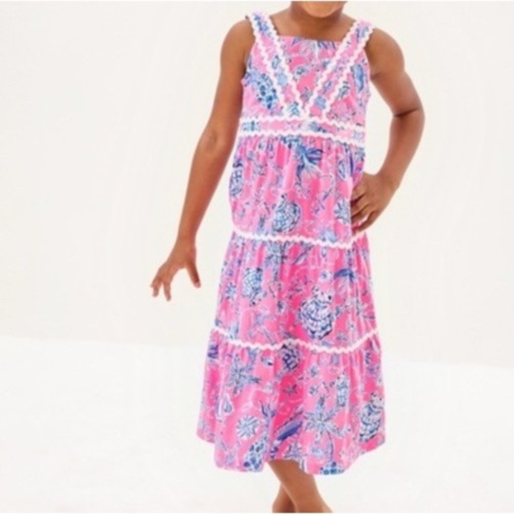 Lilly Pulitzer Girls Mini Pollie Midi Dress Pink Crab Sailboat Size Large 8-10